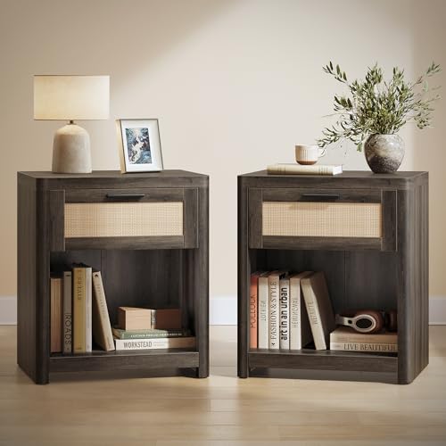 Image of VASAGLE Set of 2 Boho Nightstands with Rattan-Look Drawer | Accent Side End Tables, Open Compartment, Rounded Corners, for Bedroom Bedside, Taupe Brown, ELLAN Collection ULET818TC01