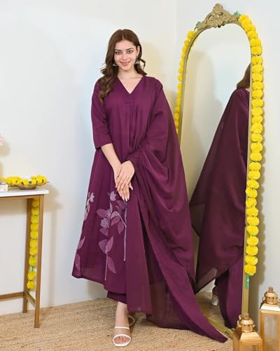 Image of Nermosa Women Solid A-line Kurta and Pant set With Dupatta | Women Kurta Set | Solid Suit | Embroidery Kurta Set |