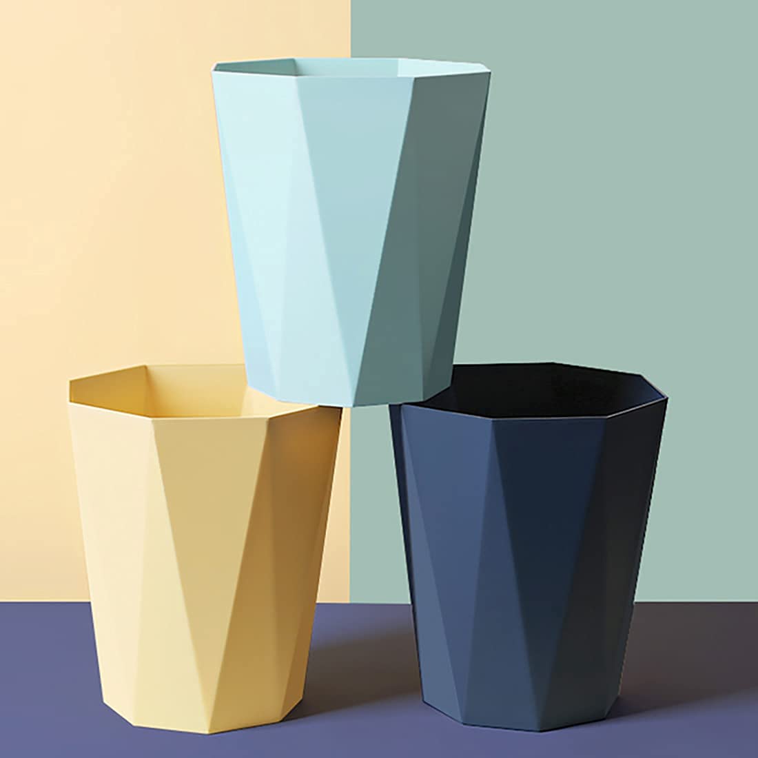 Poubelle Compacte En Plastique Jaune - Design Moderne Froissé, Pour Bureau, Chambre Ou Salle De Bain - 6