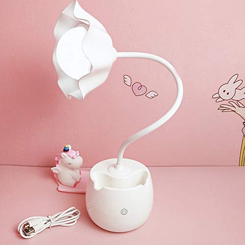 Preisvergleich Produktbild Lotusblume LED Schreibtischlampe, Stifteköcher Tischlampe Bürolampe Dimmbar, USB-Ladeanschluss, 360 Grad Drehbarer Arm, Touchsteuerung Für Lesen, Studieren,Weiß