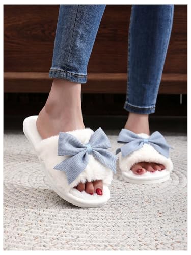 OYOANGLE Women's Cute Bow Decor Fuzzy Open Toe Indoor Home Slippers Fashionable Warm Comfy Furry Outdoor Slippers4