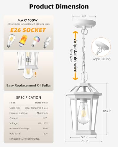 Image of VIANIS White Outdoor Pendant Lights, Modern Hanging Outside Lights Lantern