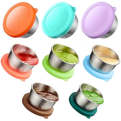 Gencywe 8 Pack Salad Dressing Container To Go(Buy 6, get 2 Free), 1.6oz Stainless Steel Condiment Cup Containers with Lids, Reusable Small Containers with Silicone Lids, Leakproof Dipping Sauce Cups Cover