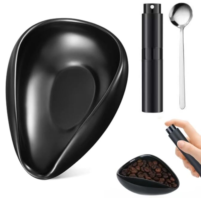 TAME Coffee Bean Dosing Cup and Spray Bottle Set, Single Dose Measuring Tray Kit, Ceramic Dosing Vessel For Coffee or Tea, Reduce Coffee Power Static, Coffee Lover Gift (black)