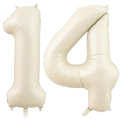 Image of Cream Number 14 Balloons,40 Inch 14 Balloons Giant Helium Foil Mylar Beige 14 Balloon Number for Birthday Party Anniversary Decorations