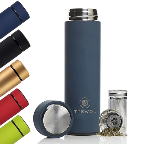 TREWOL Botella Térmica con filtro Infusor de Acero Inoxidable 500ml - Termo para Té, Infusiones y Café con doble parede aislante. Diseño Moderno y Hermético - Libre de BPA(Azul)