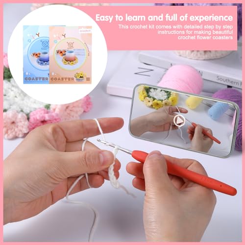 Iuuidu Crochet Kit for Beginners-4PCS Coaster Flower Pot Crochet Kits Coaster Crochet Starter Kit with Crochet Yarns,Hooks, Easy Videos Tutorials to Crochet for Office, Coffee Table, Home Decor