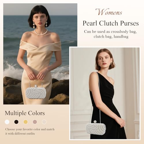 Image of YYW Womens Pearl Clutch Purse Evening Handbags Beaded Bag for Wedding Bride Party with Chain
