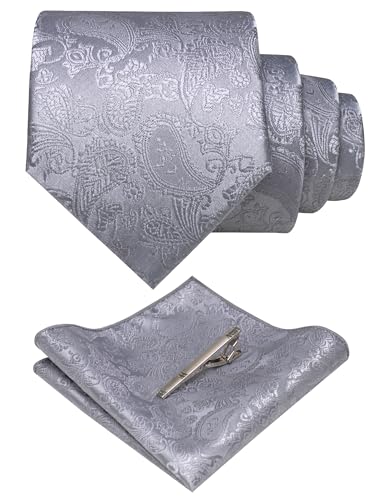 Image of JEMYGINS Mens Solid Color Paisley Necktie and Pocket Square with Tie Clip Sets