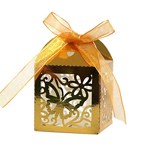 GIVBRO Lot de 50 boîtes à dragées de mariage à motif papillon avec rubans pour fête d'anniversaire Doré