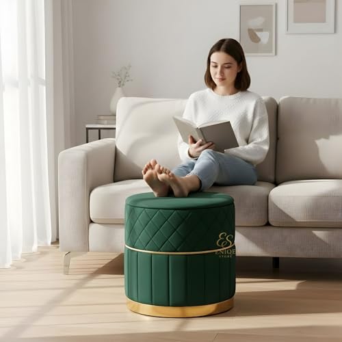 Image of Set of 2 Round Velvet Ottoman Footstool Gold Base - Tufted Upholstered Pouffe Stool for Living Room, Bedroom & Dressing Area (Green)