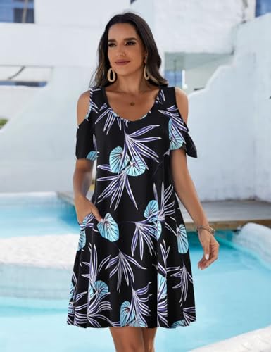 Image of JollieLovin Womens Plus Size Short Sleeve Cold Shoulder V Neck T-Shirt Dress with Pockets