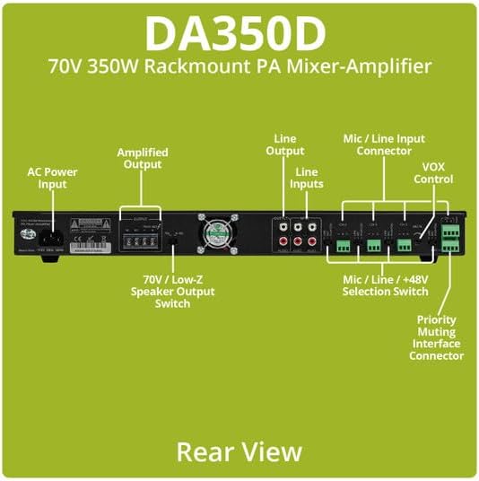 Dayton Audio DA350D Commercial Audio Amplifier 350W 70V/ 100V/ 4 Ohm Mixer - 4 Mic 2 Aux 1 Telephone Input