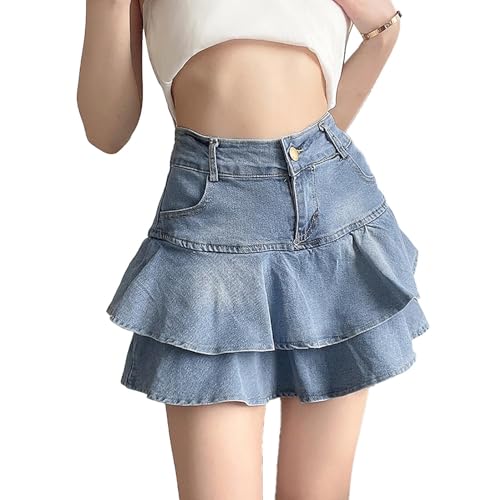 Denim mini Skirt A-Shaped Cake Bustier Skirt with Safety Trousers Lined high-Waisted Ruffled Edge Hip Short Skirt
