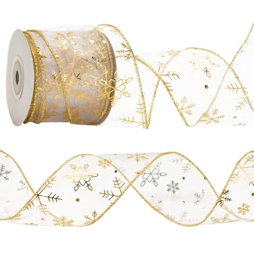 KINGLAKE Cinta de Organza Dorada para Árbol de Navidad, 10 Yardas, 2.5 Pulgadas, Transparente para Coronas, Envoltura de Regalos y Guirnalda