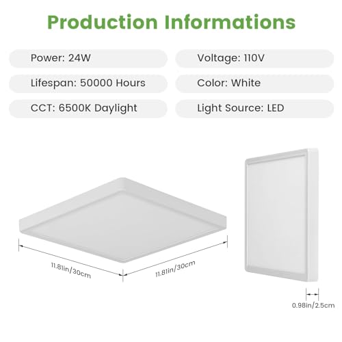 white Goeco 12 Inch Square Flush Mount LED Ceiling Light, 24W 6500K Daylight Cool White, Super Bright Surface Mount Ceiling Light Fixture for Bedroom, Living Room, Kitchen, Bathroom, Laundry Room, Closet