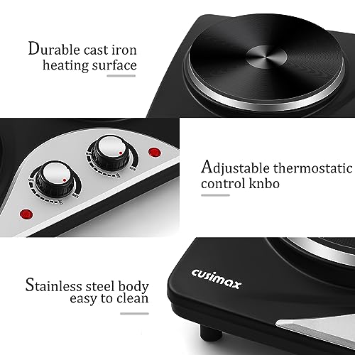 CUSIMAX Electric Hobs, 2500W Electric Hot Plates for Cooking Portable Hob, Cooktop Table Top Hob with 2 Cast Iron Double Hot Plate with Dual Temperature Control, Black Stainless Steel