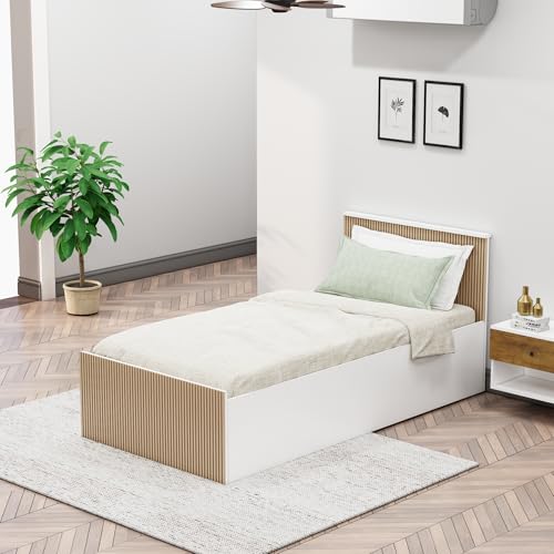 Image of Bniture Modern Single Size Bed with Storage Box | Engineered Wood Bed 3D Textured Panels | Dual Tone Cupboard for Bedroom | Wooden Bed Single Beds Storage (Frosty White & Giant Wood, Single)