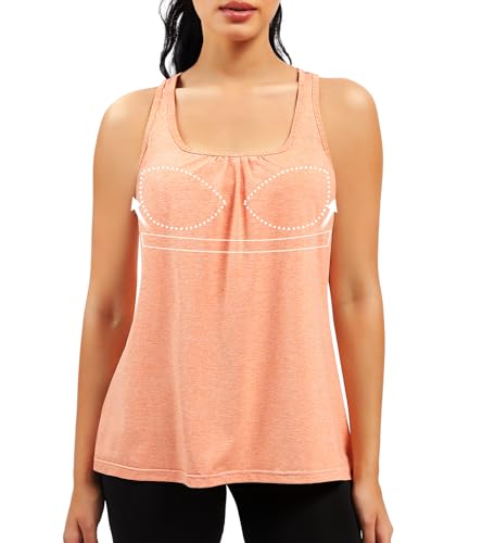 Women Racerback Built-in Bra Workout Tank Tops Round Neck Gym Shirts Orange - image 1