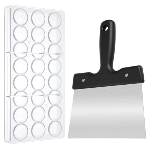 Polycarbonate Chocolate Molds with a Chocolate Scraper Truffle Mould Clear Hard Plastic Multipurpose Candy BonBon Molds Stainless Steel Thermostat Spatula for Cheese Jelly Cream Cake Scraper