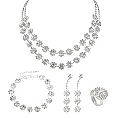 SLEEKEE Set di Gioielli Moda Donna 4 Pezzi, Collana di Fiori con Strass A Doppio Strato, Braccialetto A Strati, Set di Gioielli con Strass per Feste, Celebrazioni E Matrimoni