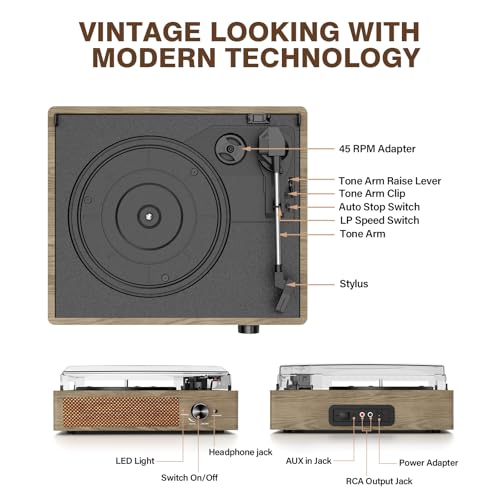 Image of Bluetooth Vinyl Record Player,3-Speed Turntable with Stereo Speakers Vintage Phonograph Record Player, with RCA Line Out AUX in Headphone Jack Grey Wood