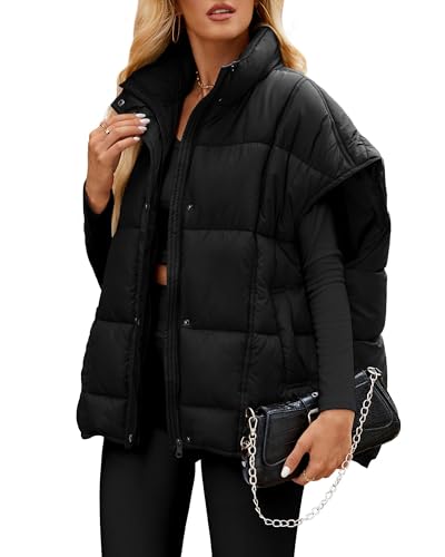 WHN Oversized Puffer Vest for Women Cap Sleeve Quilted Jacket Coat Zip Up Button Outerwear2