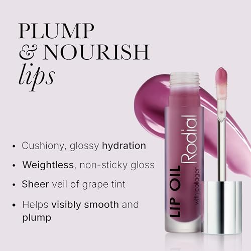 Image of Rodial Lip Oil with Plumping Collagen 4ml - Hydrating Vegan Lip Oil for Fuller, Smoother Lips, Nourishing Lip Care with Cherry, Jojoba & Macadamia Oils, Sheer Grape Gloss Finish