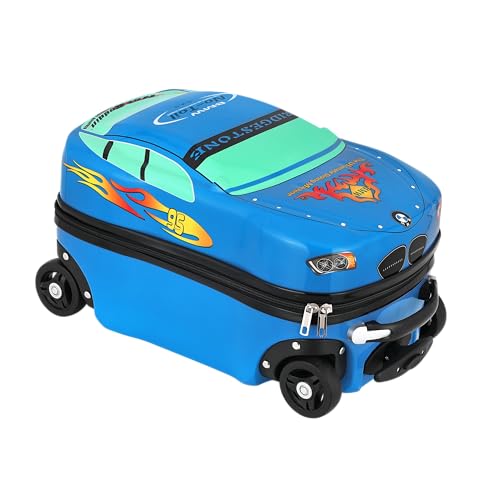 Image of Kids Ride On Trolley Bag for Boys & Girls | Hard Shell Cabin Luggage with 4 Wheels & Telescopic Handle | Lightweight Travel Suitcase for School Trips, Vacations & Holidays | Cartoon Design (Blue)