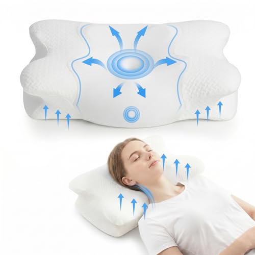 COSYLAND Almohada Cervicales y Cuello - Espuma Viscoelástica, Diseño Mariposa con Soporte Ergonómico y Transpirable, para Dormir de Lado, Boca Arriba y Boca Abajo, 60 x 40 x 10/13 cm, Blanco