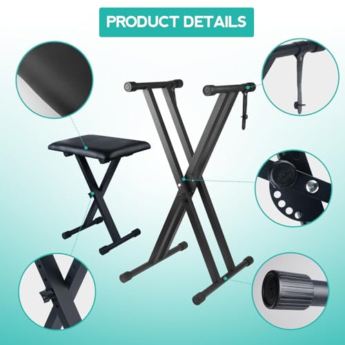 Image of Keyboard Stand & Piano Bench Set, Double X Adjustable, 7 & 4 Height Levels, Black Alloy Steel