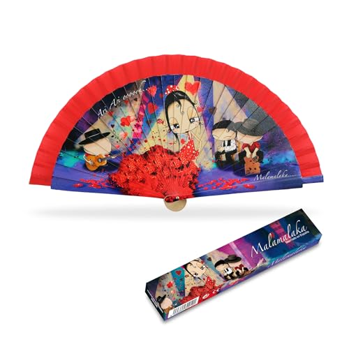 CUATROGOTAS MALAMALAKA | Abanico de Madera Plegable de 23cm | con Diseño Original para Bodas, Comuniones o Detalles para Invitados | Abanicos Originales con Caja de Cartón | Flamenca Borde Rojo