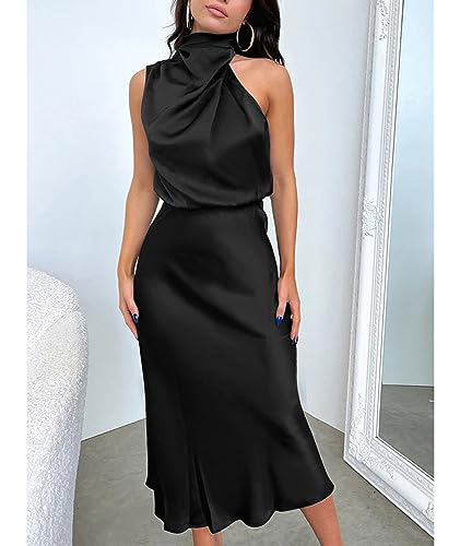 Image of Sexyshine Women's Elegant Halter Tie Neck Sleeveless Satin Long Dress Backless Split Cocktail Party Formal Wedding Maxi Dress