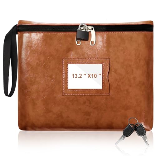13.2 * 10 Inches Brown Leather Notary Bag with Lock Cash Bag with Zipper and 2 Keys for Document and Passport Storage
