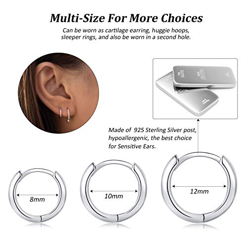 Silver Hoop Earrings For Women, 3 Pairs Small Sterling Silver Huggie Earrings | Tiny Hypoallergenic Cartilage Endless Earrings Piercing Helix Jewelry For Girls Men (8Mm/10Mm/12Mm, Silver/Gold/Black) #TOP1
