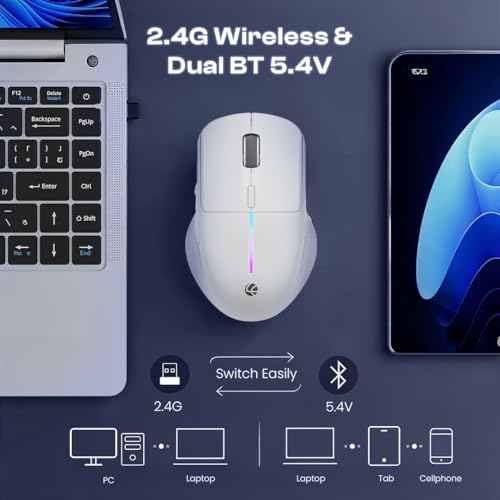 Image of LAPCARE Swift Click Bluetooth Mouse with 2.4 GHz & BT 5.4 Dual Wireless, 6 Buttons, Rechargeable 500mAh Battery, RGB Lights, Connect 3 Devices, Ergonomic Design for Laptop, Smartphone, Tablet (White)