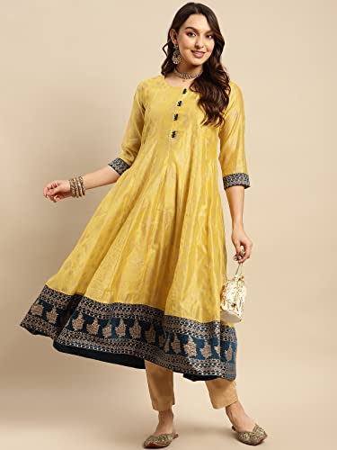Image of rangita Off White Chanderi Calf Length Printed Flared Kurti for Women | Kurta for Women