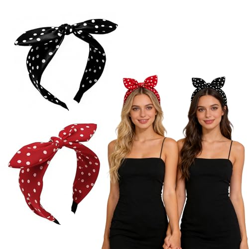 CQXSYTBN Lot de 2 Bandeaux Cheveux Femme et Fille à Pois, Serre-têtes Rétro avec Nœud pour Pâques et Carnaval, Duo Mère-Fille Vintage Élégant,...