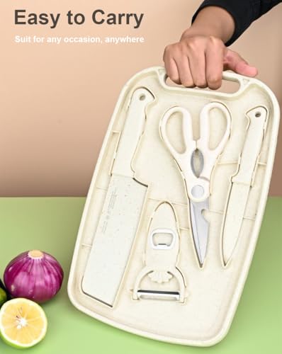 5 in 1 Mini Knife and Cutting Board Set, Small Cutting Board Camping Cutting Board Cutting Board Scissors, Smart Cutting Board and Knife Set, Dorm Kitchen Essentials Travel Knife Set (Wheaten) - Image 5