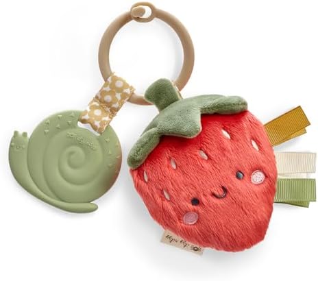 Itzy Ritzy Infant Toy & Teether - Itzy Pal Baby Teething Toy Includes Lovey, Crinkle Sound, Textured Ribbons & Silicone Teether for Newborn (Strawberry)