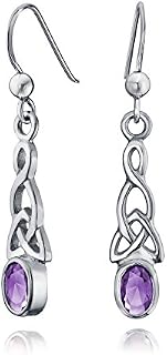 BFF Blue or Green Oval Bezel Simulated Emerald or Sapphire Love Knot Dangle Irish Celtic Earrings For Women Teens Fish Hook .925 Sterling Silver 1.5Inch Long