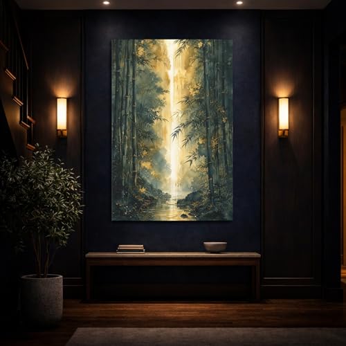 Tableau bambou vert et or nature 50x75 cm grand format vertical