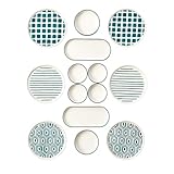 Juego de 14 piezas para 6 personas: incluye 6 platos de 19 cm, 2 platos grandes de queso (13 cm), 4 cuencos para salsas (10,5 cm) y 2 platos para servir (25 x 11 cm)