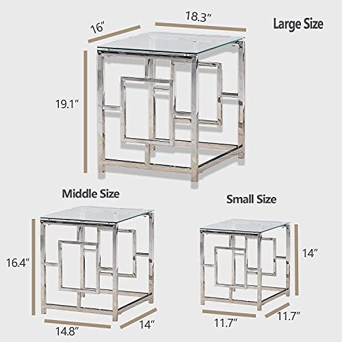 Keivvakn 3 Pieces Silver Nesting Tables Square Small Coffee Table Set Clear Tempered Glass Stainless Steel For Living Room thumb #1