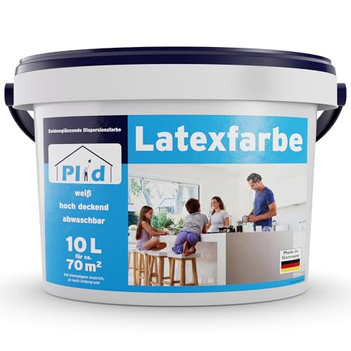 Plid® Latexfarbe Weiß seidenglänzend [10L] - Abwaschbare Farbe Innen für Küche & Badezimmer - Latexfarbe abwaschbar leicht zu reinigen & nicht schlämmend - abwaschbar nicht füllend