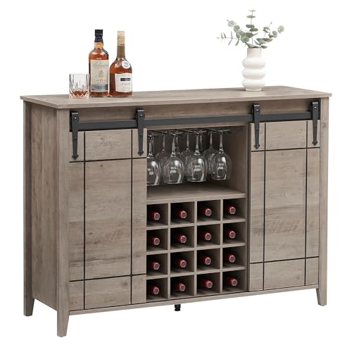 Image of Farmhouse Sideboard Buffet Cabinet with Sliding Barn Doors, Coffee Bar Cabinet with Adjustable Shelves, 16-Bottle Wine Storage & Glass Holder for Dining Room, Living Room,Light Oak