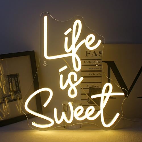 Horseneon Life Is Sweet Neon Cartel Blanco Cálido LED Cartel para Decoración de Pared Letras Neón USB Power Led Letras Pared para Dormitorio, Fiesta, Boda Boda Decoración Pared Regalos