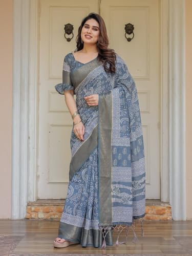 Image of ALMAARI FASHION Floral Printed Cotton Saree for Women with Handloom Zari Weave, Traditional Lightweight Ethnic Saree for Wedding Festive Office Party with Blouse Piece (LINEN 81-90 SH)