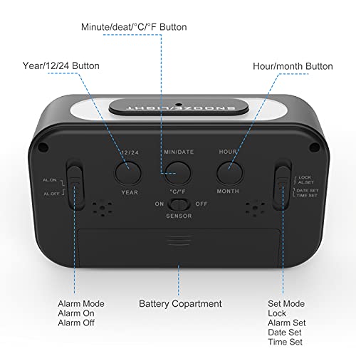 Coolzon Despertador Digital, Alarma Reloj Despertador Pilas para Infantil Niño Adulto, Despertador de Viaje Silencioso con Pantalla LED Calendario Temperatura Función Snooze Luz Nocturna, Negro - imagen 3