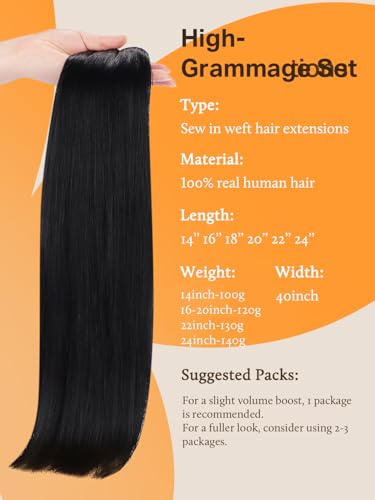 Image of DOORES Sew in Hair Extensions, 18 Inch 120g Jet Black, Natural Weft Remy Hair Extensions Invisible Remy